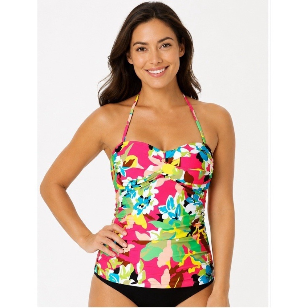 NWT Anne Cole M Twist Front Shirred Bandeau Tankini Swim Top Floral Print $74